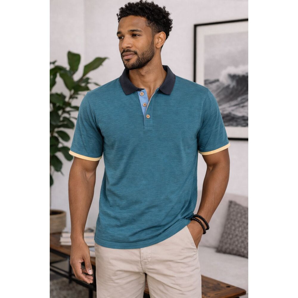 The Territory Ahead Slub Cotton Polo Shirt XL Teal Blue Contrast Trim Casual